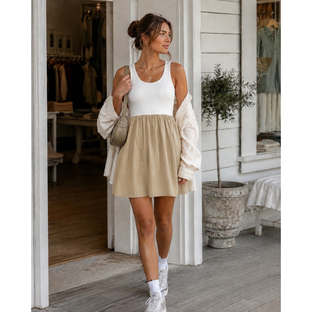 Steve Madden Mixed Media Tank Mini Dress White Beige Drop Waist XL Boho